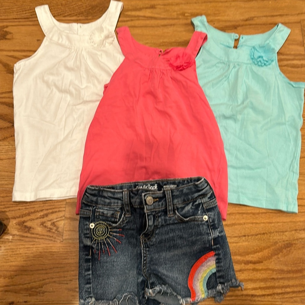 3 tank tops (Carters size 6 - runs small) and Cat & Jack Jean shorts size 4/5